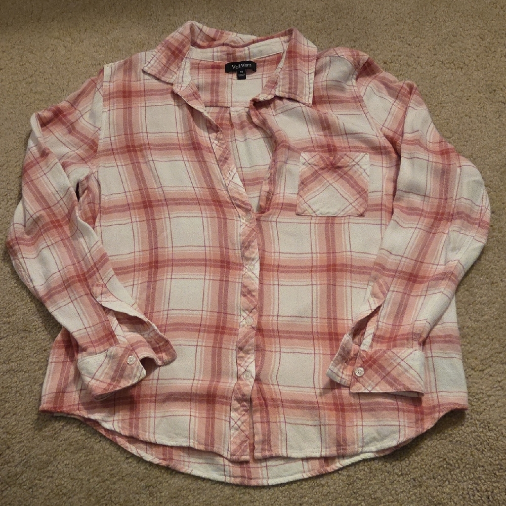 Well Worn Red and White Plaid Button Down Shirt